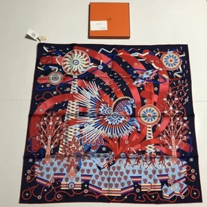 HERMES Silk Scarf "LA SOURCE DE PEGASE" Carre 90 cm Marine Rouge Ciel NM Auth - Picture 1 of 9