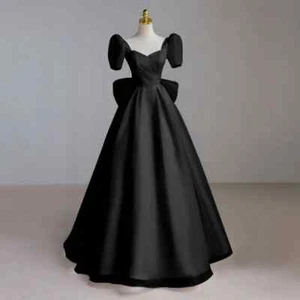 Black SatinEvening Dresses Short Sleeves V-Neck Princess Ball Prom Party Gowns - Picture 1 of 11
