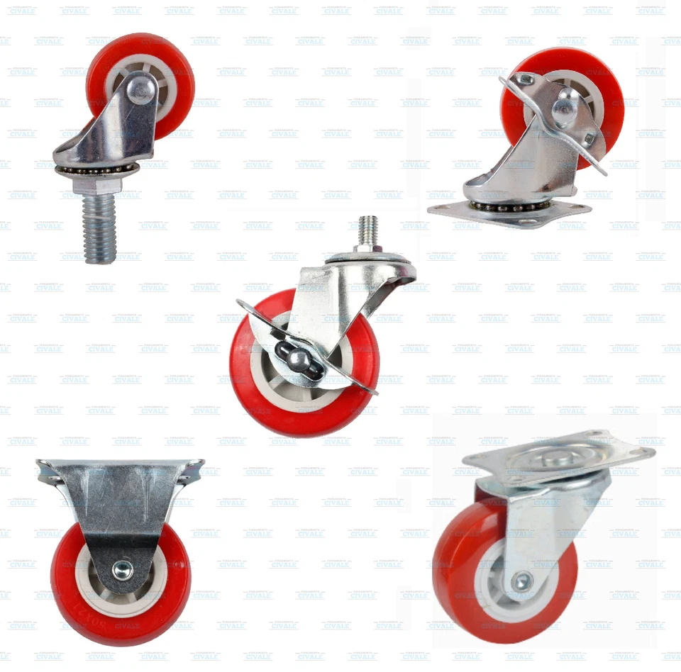 RUOTA RUOTE PER CARRELLO CARRELLI MOBILI GIREVOLE FISSA CON FRENO ROSSA PVC - Immagine 1 di 1