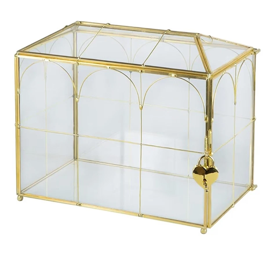 Caja de tarjetas grande dorada y de vidrio con cerradura y ranura para tarjetas de recepción de boda nueva en caja Foto 1 de 4