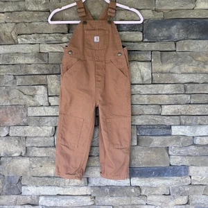 Carhartt Bib Overalls Kids Boys Size 3t Brown Canvas Quilt Lined Double Knee - Picture 1 of 7