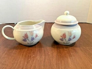 Noritake Tulip Magic Sugar & Creamer Set Stoneware Gray/Lavender Rim Flowers - Picture 1 of 8