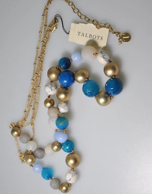 TALBOTS  BRIGHT  blue TURQUOISE BEADS   gold tone  marble beaded chain  NWT AL22 - Image 1 of 4