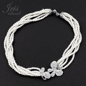 Women Elegant White Pearl Beaded Strand Layered Necklace Crystal Butterfly 1990 - Picture 1 of 6