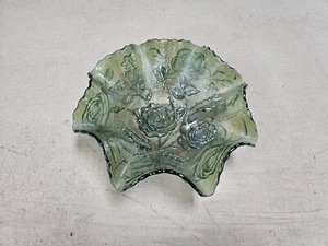 Vintage Imperial Carnival Glass Green Open Rose Deep Bowl Collar Base - Picture 1 of 8