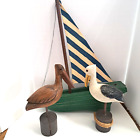 Wood Boat With 2 Wood Carved Pelicans