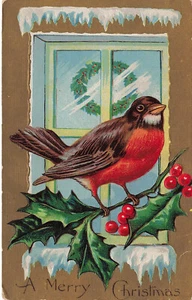 POSTAL DE NAVIDAD VINTAGE PETIRROJO EN VENTANA NEVADA c1910 121124 T - Imagen 1 de 2