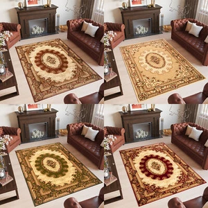 Alfombra clásica sala de estar de pelo corto patrón medallón marrón beige crema ECOTEX - Imagen 1 de 26