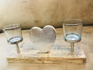2 X Elegant Two Tea Light Candles Holder, Wooden & Glass, Boho/Vintage Style - Picture 1 of 10