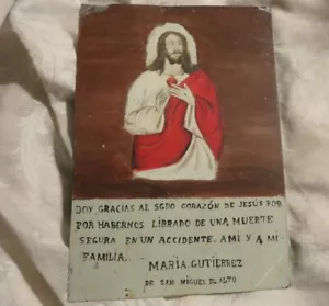 Jesus Sacred Heart Older Icon Painted On Tin San Miguel Mexico - Picture 1 of 4