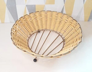 Mid-century atomic plastic wicker woven bowl 1950s gilt metal frame gumball feet - Picture 1 of 17
