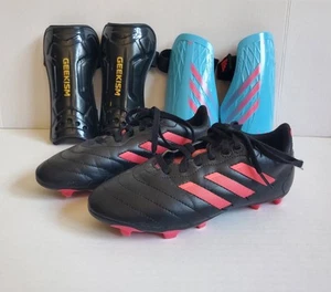 Adidas Youth Soccer Cleats Sz 3 And 2 Pairs Medium Shin Guards Black Pink - Picture 1 of 13