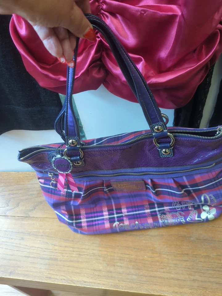 COACH 15886 RARE  Poppy Tartan Glam Tote Purple Shoulder Bag SUPER CUTE - Image 1 of 4