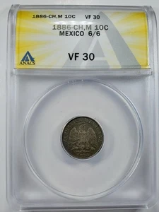 1886-CH, M Mexico 10 Centavos 6/6 MISPUNCHED DATE rare ANACS VF30 - Picture 1 of 5
