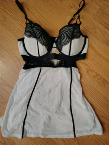  Women's Push-Up Babydoll Nightie Black White Padded Bra Semi Sheer Top Size M - Picture 1 of 3
