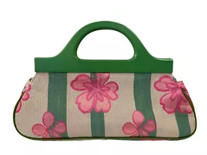 Vintage Norstrom Made In Italy Handtasche Holzgriffe rosa Blumen grün gestreift - Bild 1 von 24