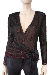 Vintage BELL SASSOON for Monte Carlo sz S Embellished Black Mesh Wrap Top NWOT - Picture 1 of 5