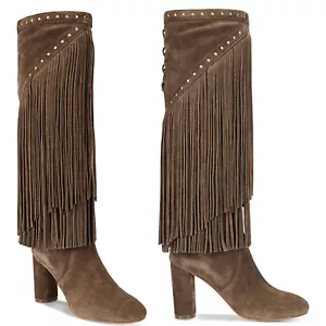 INC International Co 6 Boot Tall Tolla fringe taupe suede zip stud heels boho - Picture 1 of 9