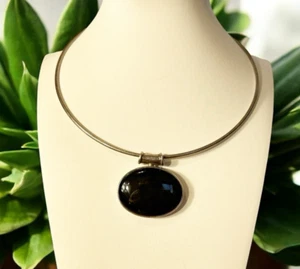 VTG Mexico 925 Sterling Silver Onyx Choker Collar Modernist Necklace *TESTED 31g - Imagen 1 de 9