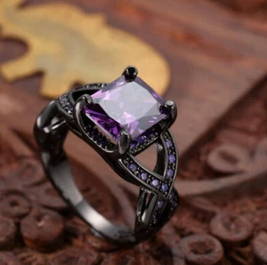 Fire Sqaure Unique Purple Amethyst Black Silver Rings Size 6~10 Holiday Gift - Picture 1 of 5