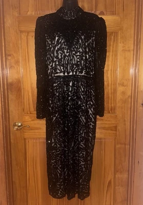 Vestido Mac Duggal 5525 Adornado Cuello Simulado Manga Larga Negro Lentejuelas Talla 14 Foto 1 de 4