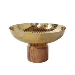 Ramsey Acacia Wood Base Steel Bowl-Gold Brown Indoor Outdoor Tabletop Home Decor - Picture 1 of 4