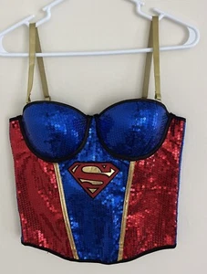 DC COMICS SUPERGIRL ADULT COSTUME SEQUINED CORSET M/L Sexy Superman Hero NWOT - Picture 1 of 6