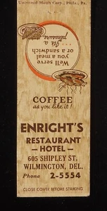 1940 Enright's Restaurant Hotel 605 Shipley St. Wilmington DE New Castle Co MB - Imagen 1 de 2