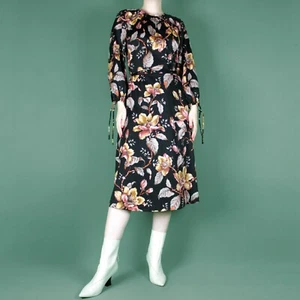 VINTAGE 70s 80s Black Floral Knee Midi Boho Retro Womens Dress Small 8 10 - Picture 1 of 12