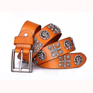 Men Retro Metal Rivet Studded Cowboy Belt Genuine Leather Punk Skull Jeans Belts - Picture 1 of 14