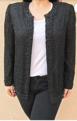 LAURENCE KAZAR BEADED SEQUINED JACKET BLACK SZ M VINTAGE 7 HOOK CLOSURE - Image 1 of 3