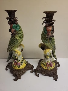 Oriental Bronze large Green Parrot Birds Porcelain Candlesticks Candle Holder - Picture 1 of 10