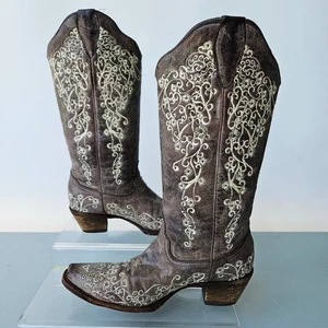 Corral Crater braune Westernstiefel abgenutzt bestickt Leder A1094 Größe 7M - Bild 1 von 13