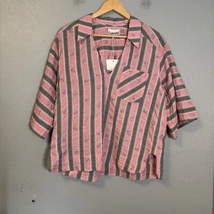 NWT GANNI Pink & Grey Oversized Short Sleeve Shirt Small/medium Designer Preppy - Picture 1 of 12