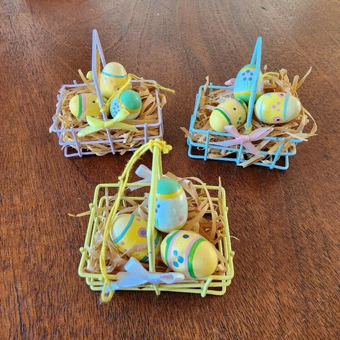 Small Metal Basket With Three Eggs Easter Decoration Blue Purple Yellow Vintage Cover
