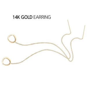 JNK 14K Solid Yellow Gold Ring Ring Chain Threader Long Drop Dangle Earrings - Picture 1 of 2
