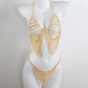 Sexy Long Tassels Bra Chain Full Rhinestone Body Chain Sexy Jewelry Bikini - Picture 1 of 31