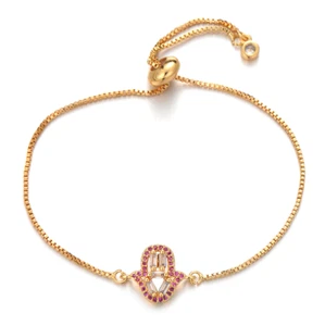 Small Pink Hamsa Hand Cubic Zirconia Gold Thin Adjustable Bracelet - Picture 1 of 4