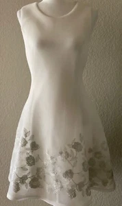 NWT DKNY White Sleeveless Mesh Fit & Flare Lined Dress Silver Flowers At Hem - Picture 1 of 7