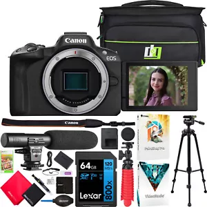 Canon EOS R50 Mirrorless Camera Body Black + Microphone Tripod Accessory Bundle - Afbeelding 1 van 12