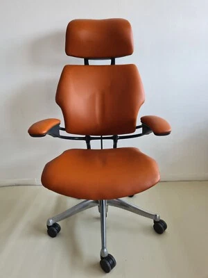 NEW TAN LEATHER HIDE Humanscale Freedom Chair Headrest Task  Arm Chrome Base - Image 1 of 4