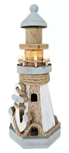 Leuchtturm beleuchtet Holz LED Deko Dekoration Maritim Anker Strand Meer H 24 cm - Bild 1 von 12