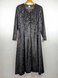 Vintage 90s Women Black Crushed Velvet Button Midi Duster Dress Size 10 Grunge - Picture 1 of 8