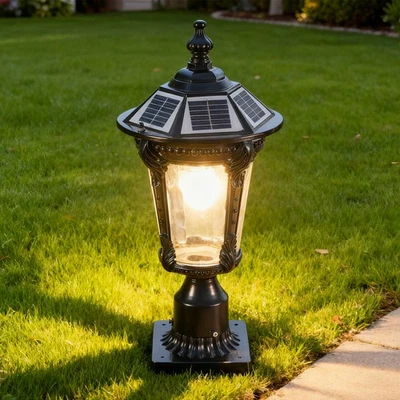 Solar Lamp 19'' Post Light Outdoor Black Pillar Dusk To Dawn With Remote Control - Image 1 of 4