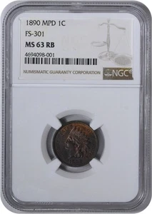 1890 Indian Cent MPD FS-301 MS63RB NGC - Picture 1 of 2