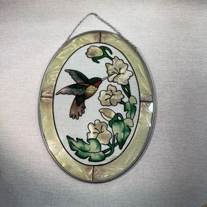 9" Oval Buntglas Sonnenfänger Fenster hängend Kolibri Blumen Rubinrot - Bild 1 von 6