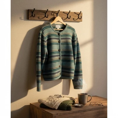 Vintage 1980s Tally-Ho 100% Wool Cardigan Sweater M Teal Blue Stripe Hong Kong - Image 1 of 4