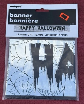 万圣节箔横幅 9 英尺 银色和黑色蜘蛛网。 Unique NOS。 — 第 1/2 张图片