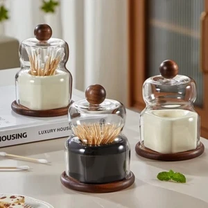 Solid Wood Ceramic Toothpick Box Home Creative Dental Floss Cotton Swab Storage - Picture 1 of 8