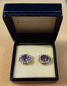 GEN PURPLE AMETHYST & WHITE CZ PIERCED EARRINGS - Picture 1 of 4